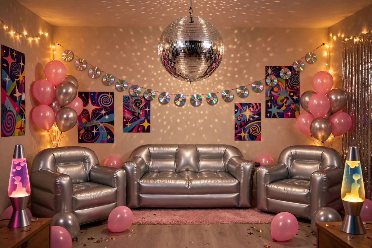 2000s themed party room with disco ball and inflatable furniture
