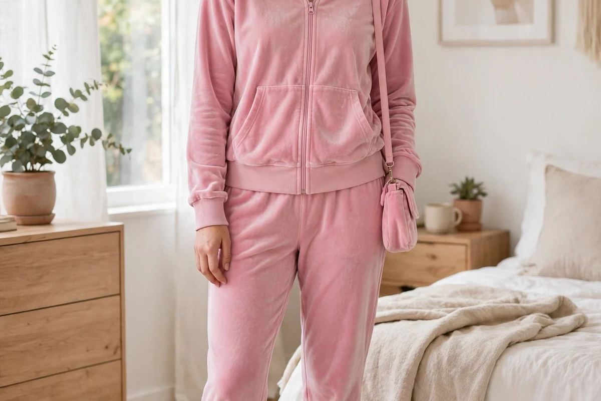Girl in pink velour tracksuit - Y2K party outfit idea