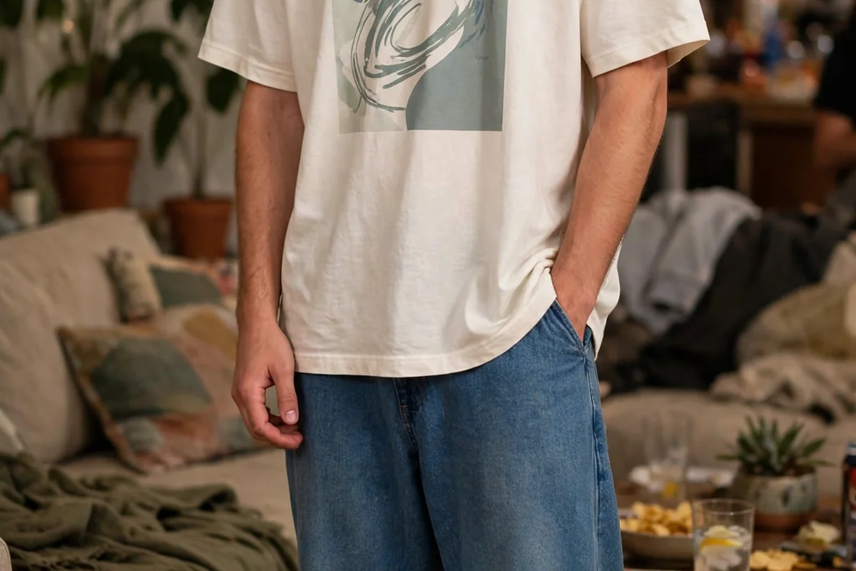 Guy in oversized graphic tee and trucker hat - Y2K party look
