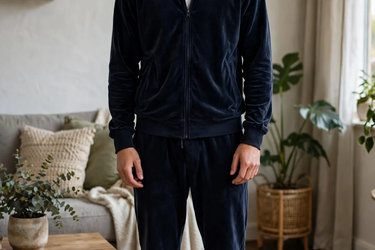 Guy in navy velour tracksuit - 2000s party outfit idea