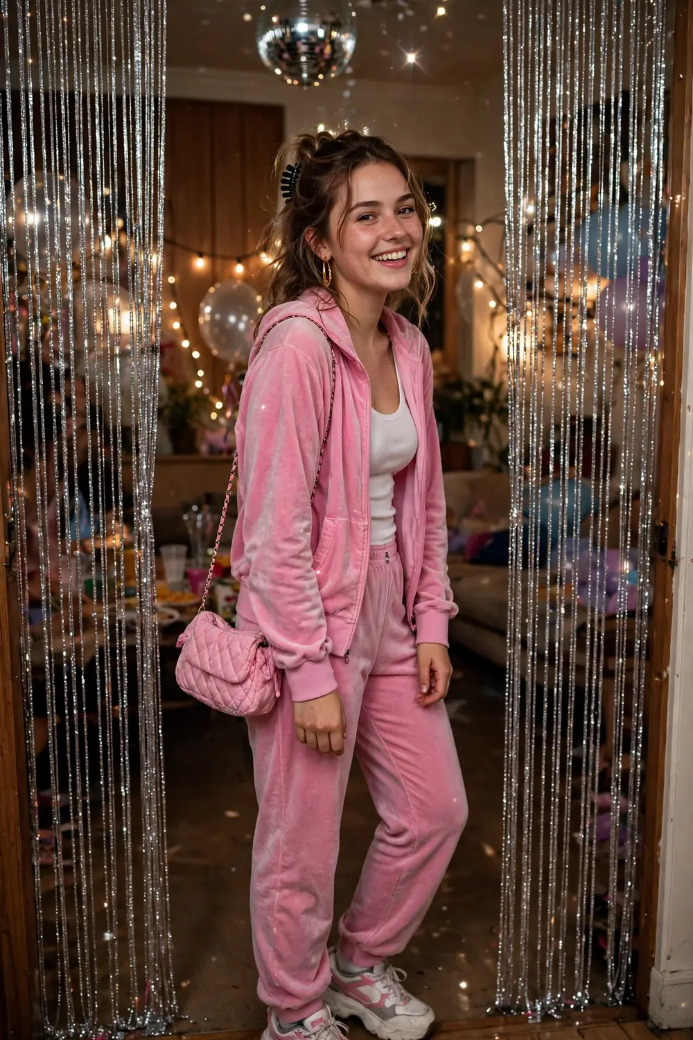 Young woman in a pink velour tracksuit with hoop earrings at a 2000s party