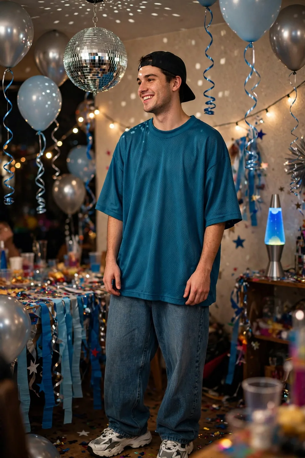 Young man in baggy jeans and an oversized basketball jersey with a backwards cap at a 2000s party