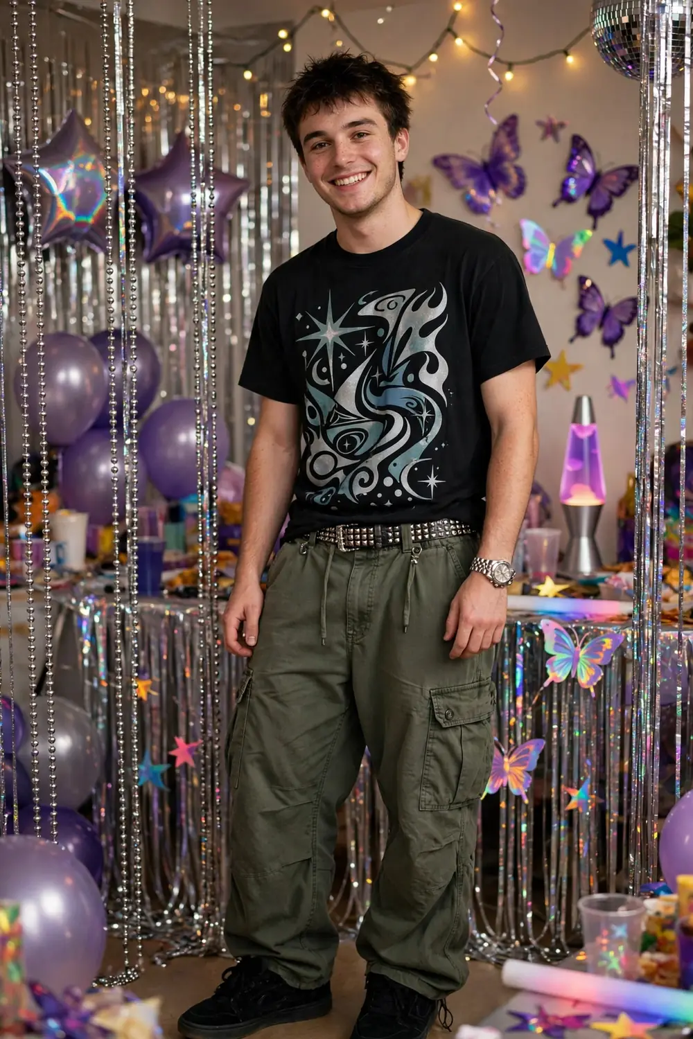 Young man in cargo pants and a graphic tee with a studded belt at a 2000s party