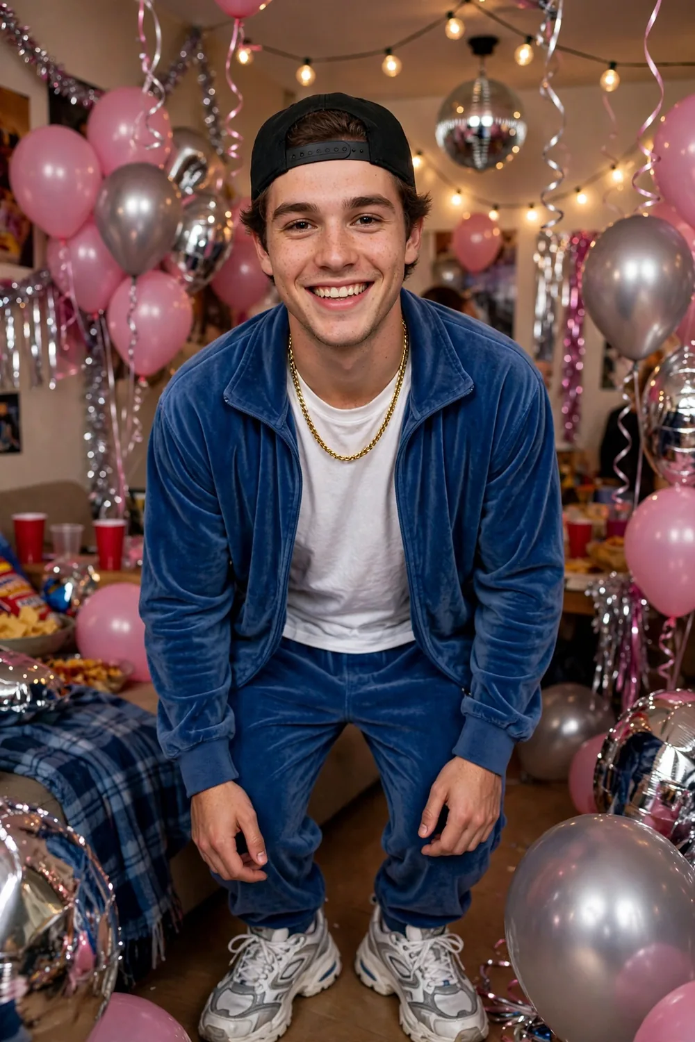 Young man in a velour tracksuit and chunky sneakers with a snapback cap at a 2000s party