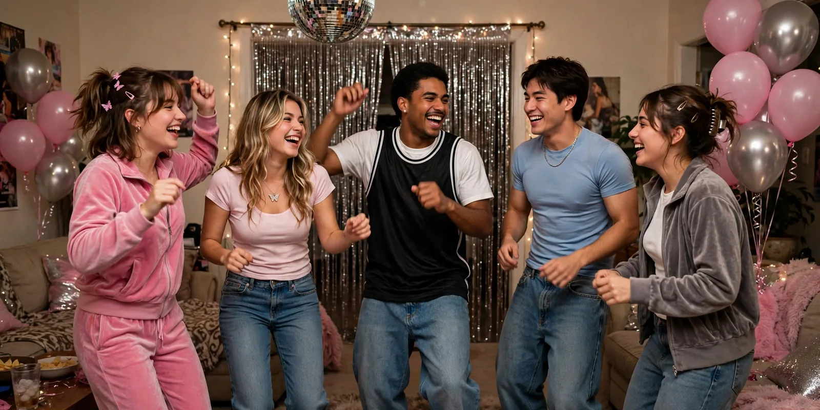 Group of college friends in Y2K outfits dancing at a 2000s theme party with a disco ball and balloons