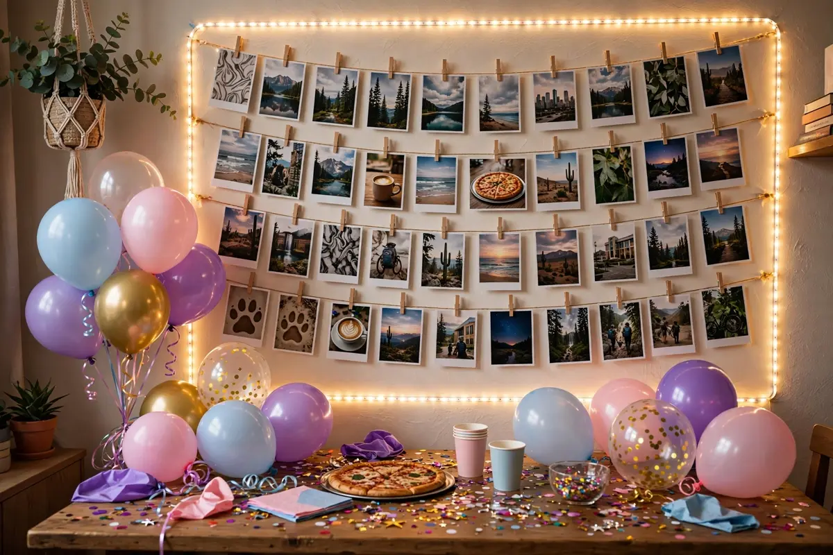 College living room decorated for a 2016 throwback party with LED strip lights and meme wall