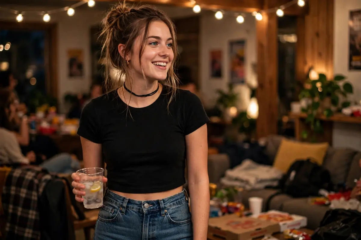 Girl in crop top high waisted mom jeans and choker at a 2016 themed college party