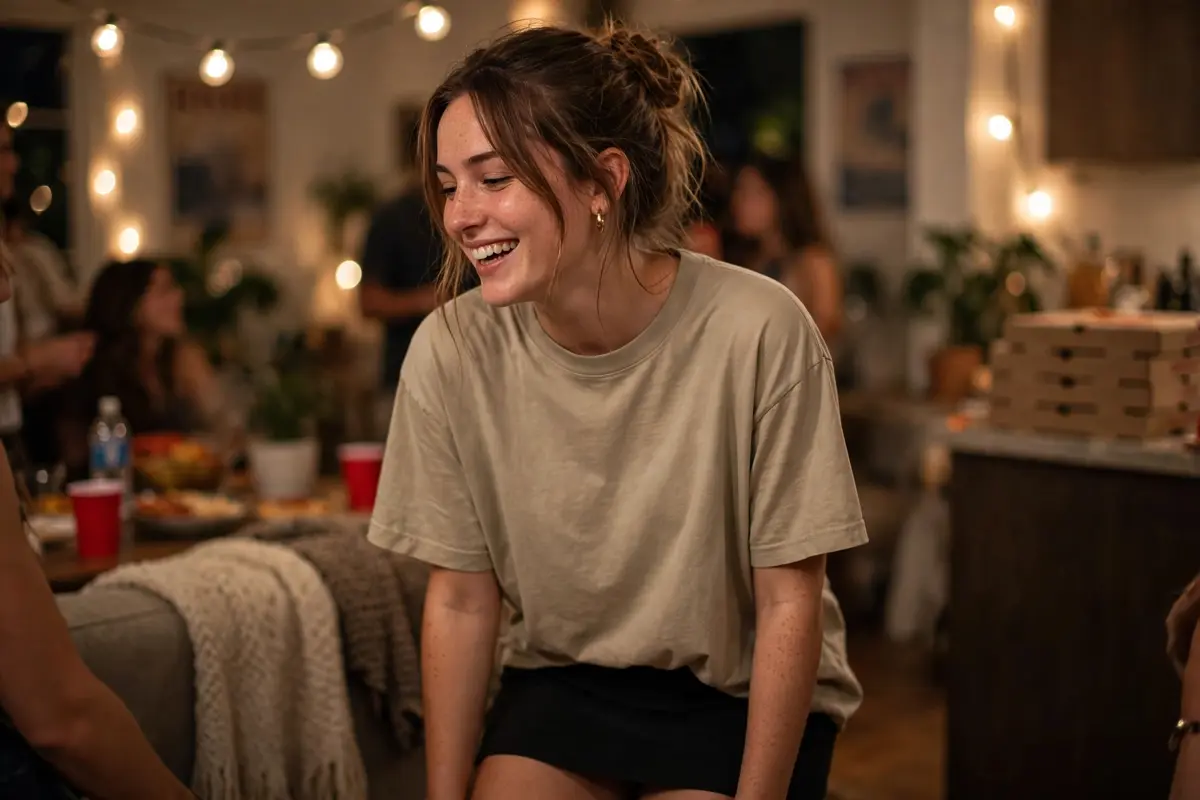 Girl in oversized band tee and mini skirt with white sneakers at a party