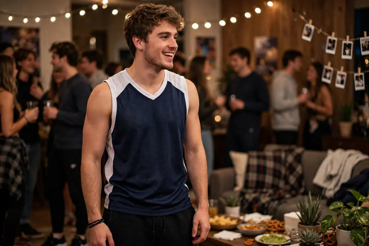 Guy in basketball jersey and joggers at a 2016 frat theme party