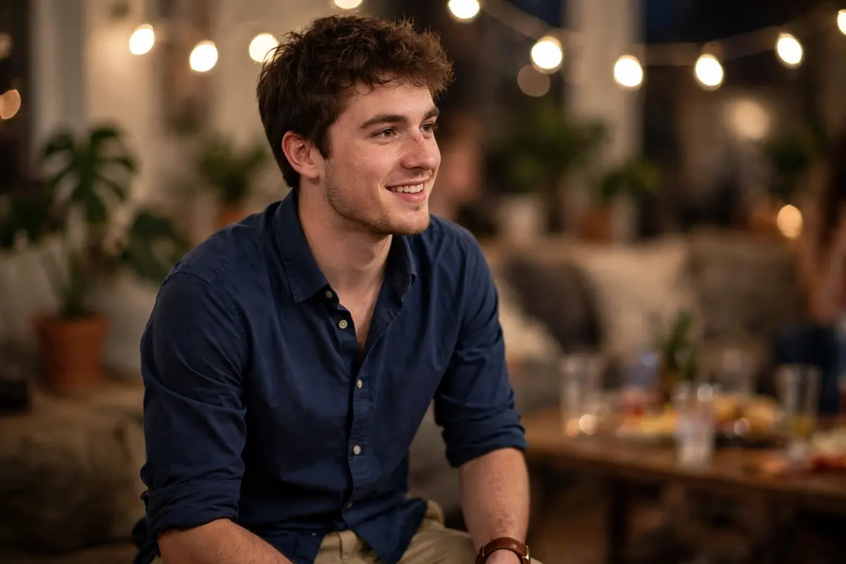 Guy in button down shirt and chinos holding a red cup at a party