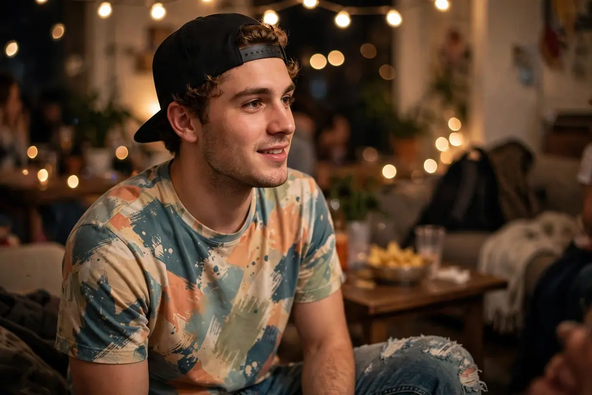 Guy in graphic tee distressed jeans and snapback at a 2016 themed party