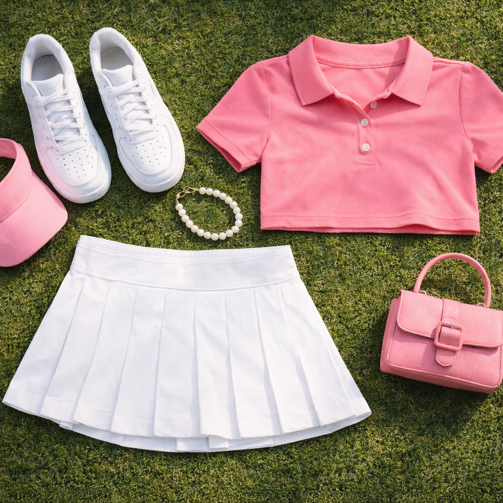 Girls outfit ideas for Golf Pros and Tennis Hoes party tennis skirt polo shirt
