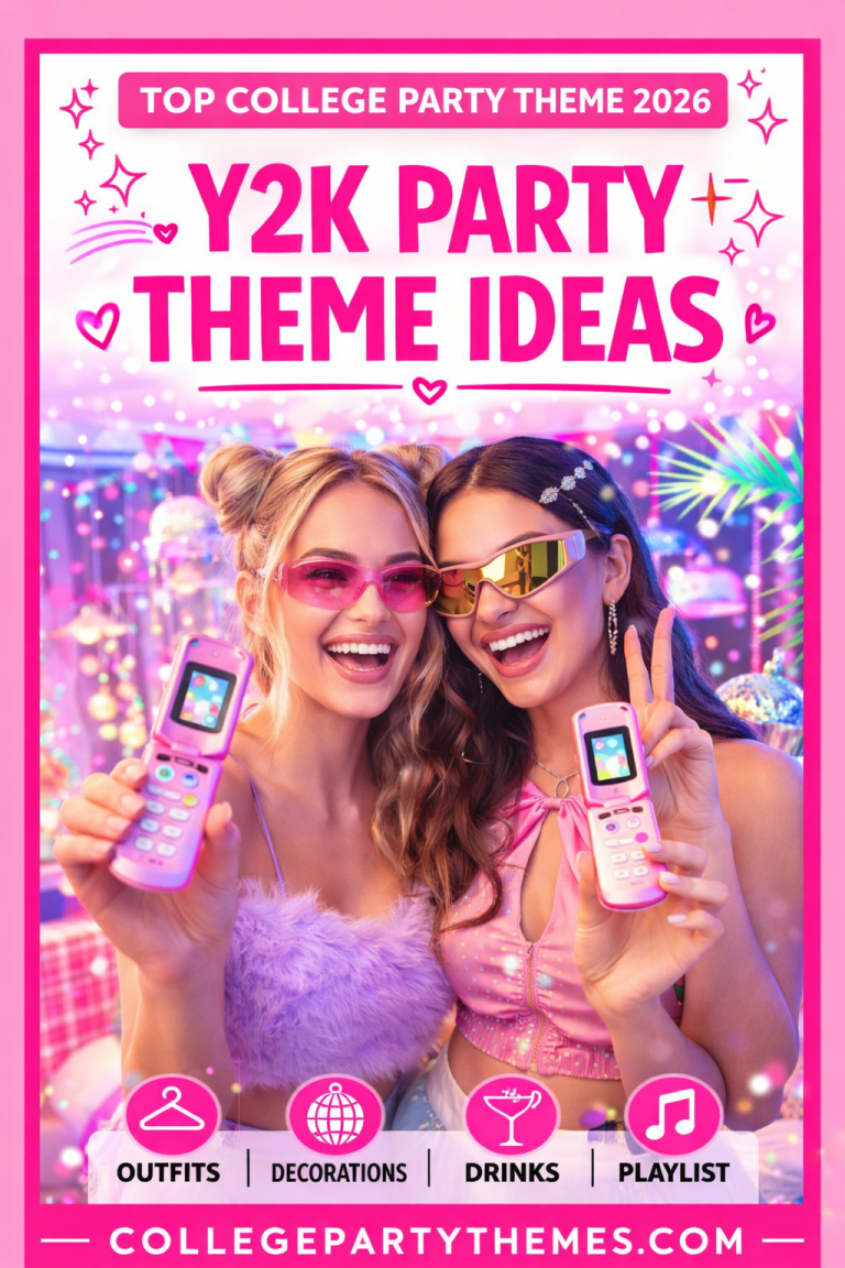 Y2K party theme thumbnail showing girls in pink outfits with party decorations and drinks