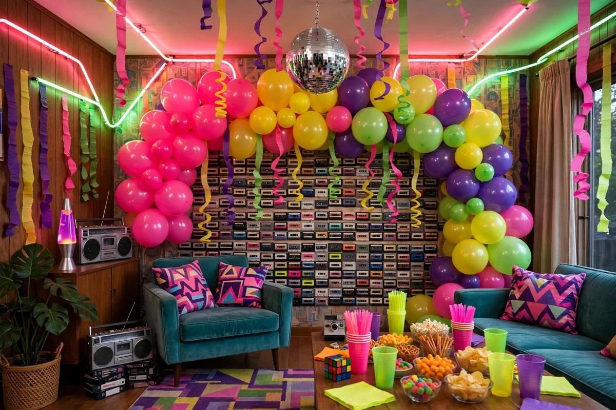 80s party decor with neon streamers, cassette tape wall and black lights