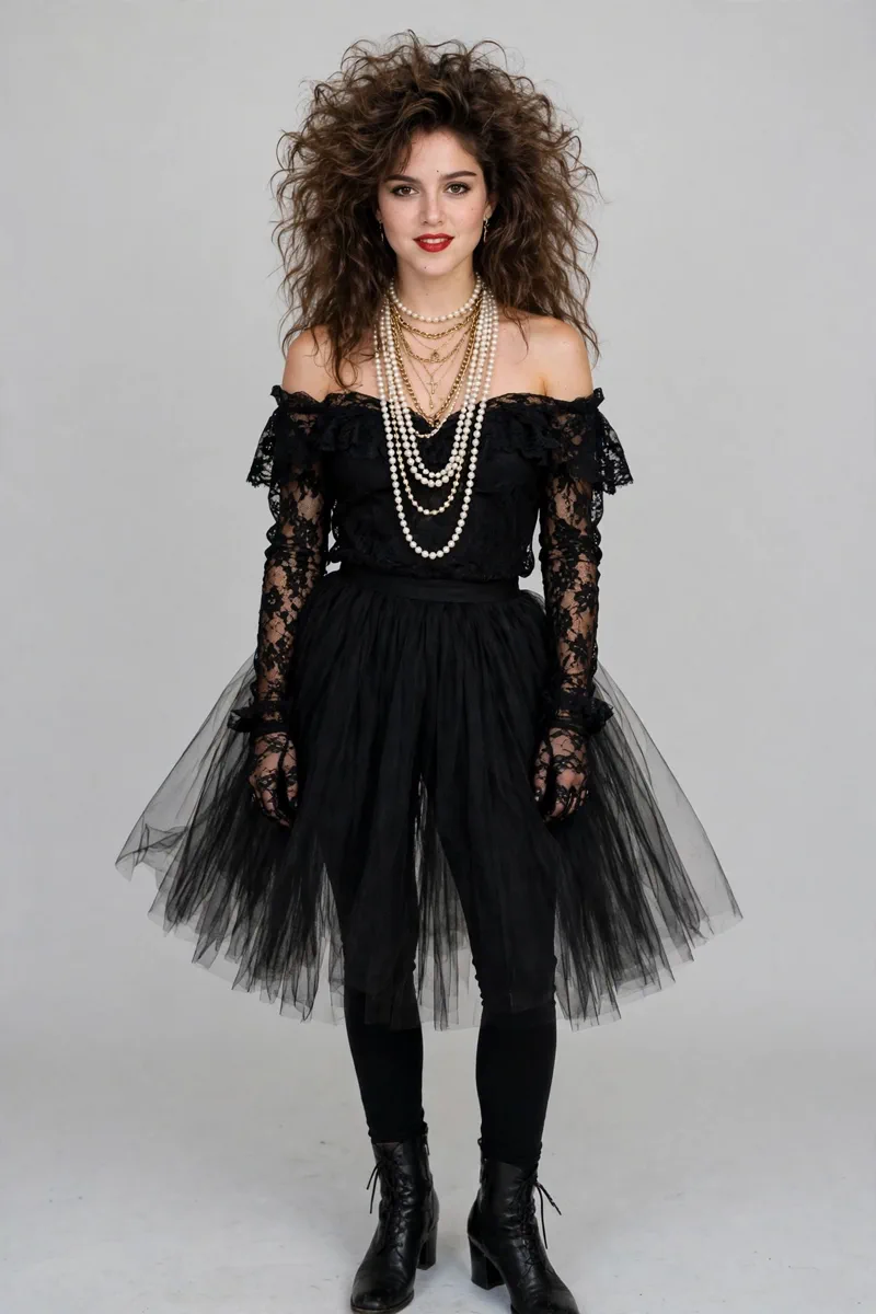 Madonna-inspired 80s party outfit with lace gloves and layered necklaces