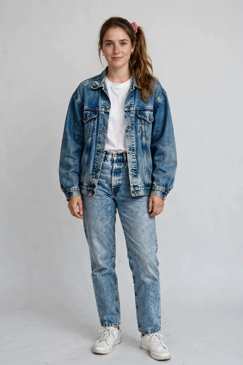 New wave 80s party outfit with oversized blazer and acid-wash jeans