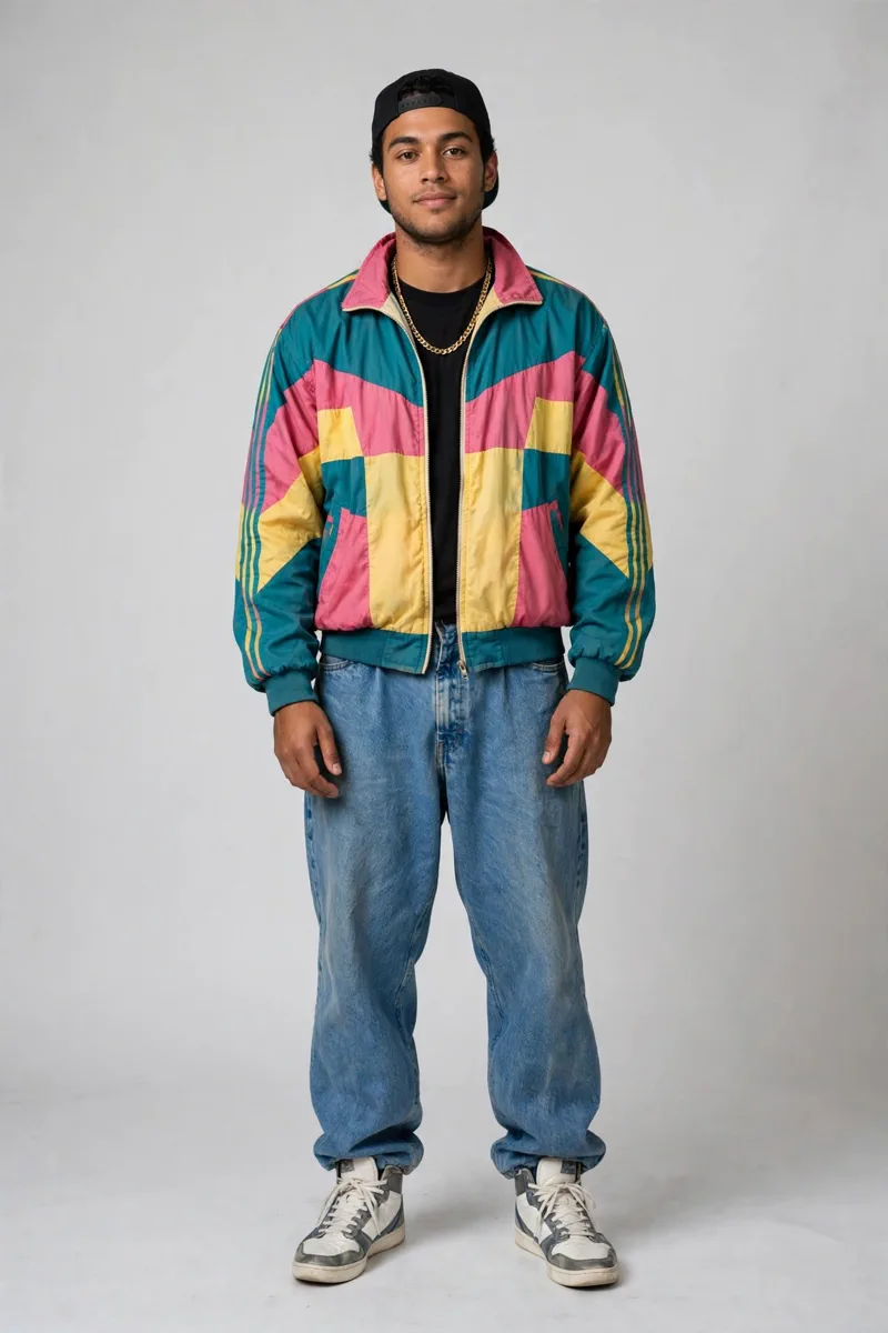Guy in an 80s tracksuit with gold chain and high-top sneakers
