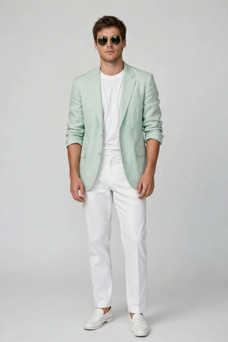 Guy in a pastel Miami Vice style suit with rolled sleeves