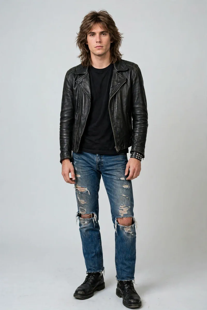 Guy in an 80s rocker look with band tee, ripped jeans and leather jacket