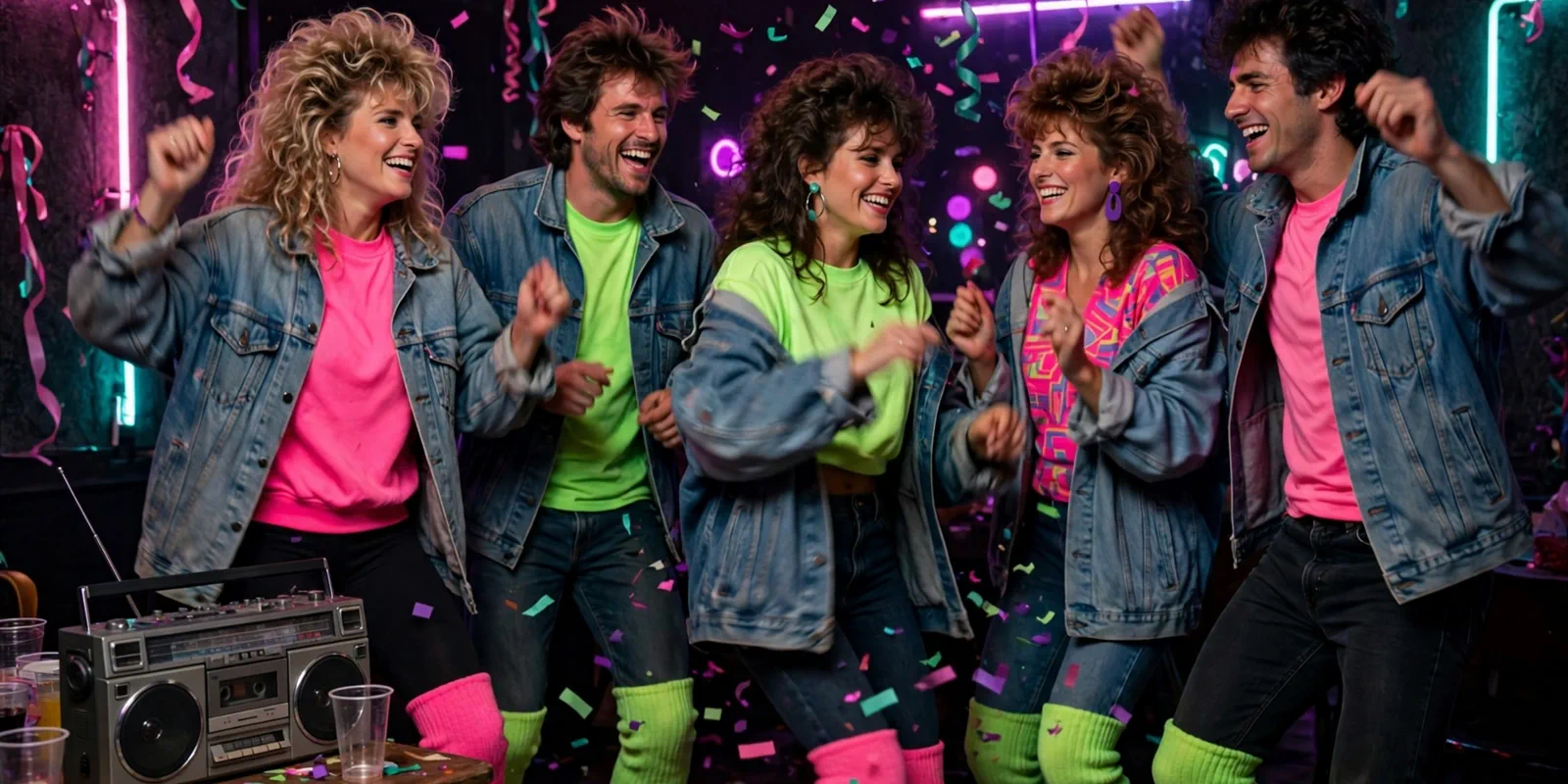 80s party ideas: neon-lit party room with retro decorations and guests in 80s outfits