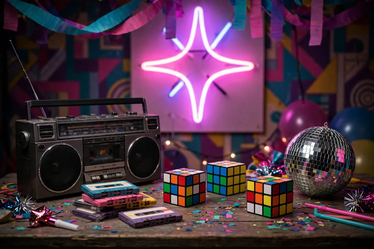 Living room decorated with neon signs, cassette-tape streamers and a retro sunset photo wall for an 80s college party