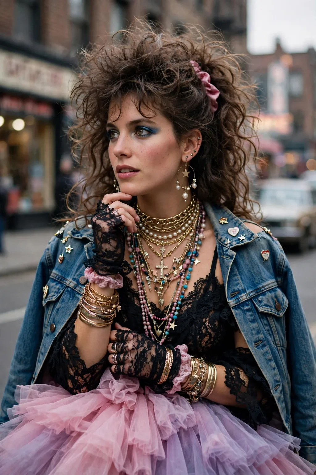 80s Pop Star: college girl in an off-shoulder cropped top, mini skirt, ripped tights and fishnet gloves