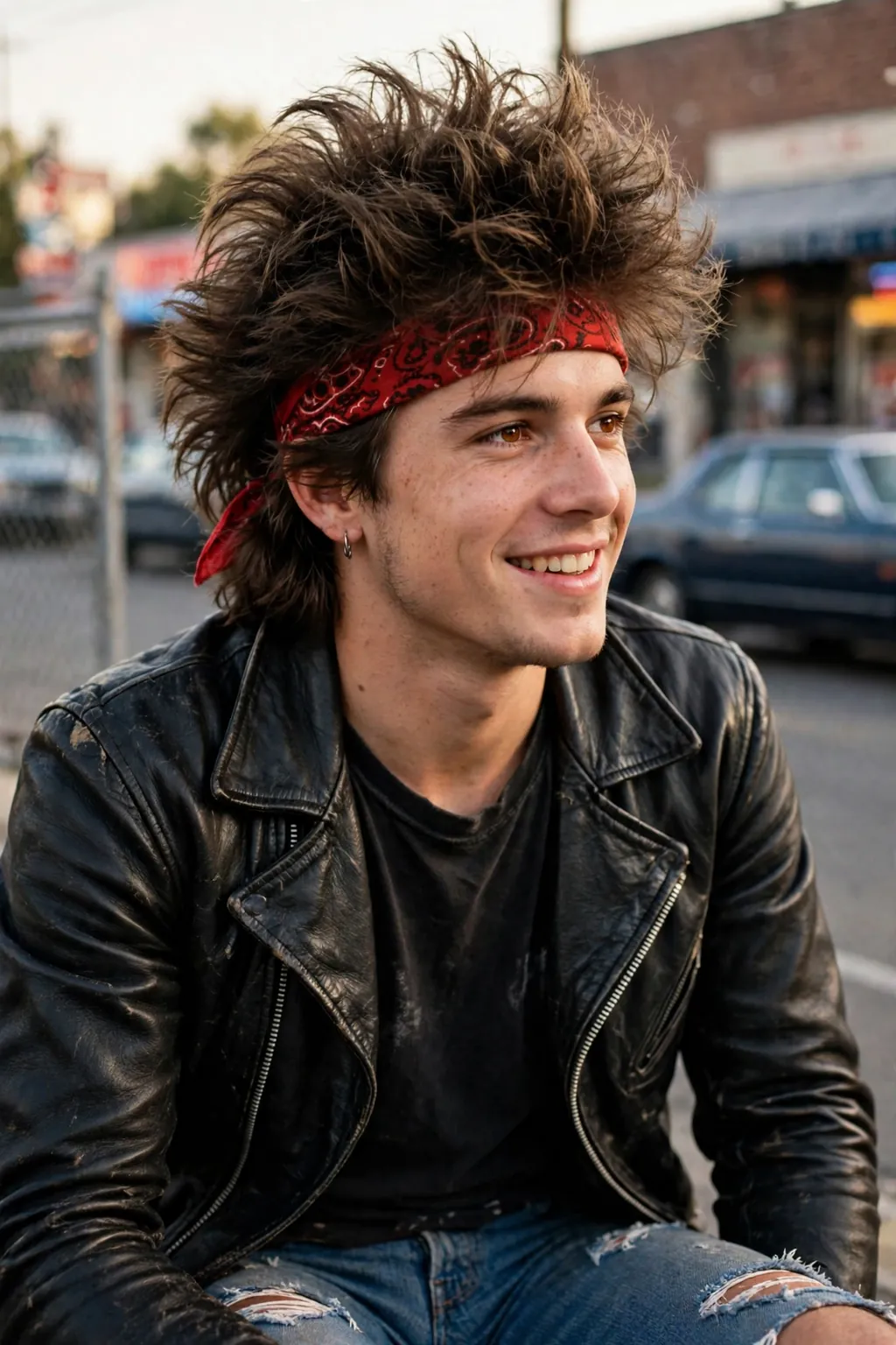 Hair Metal Rocker: college guy in ripped jeans, band tee, distressed denim vest and a bandana