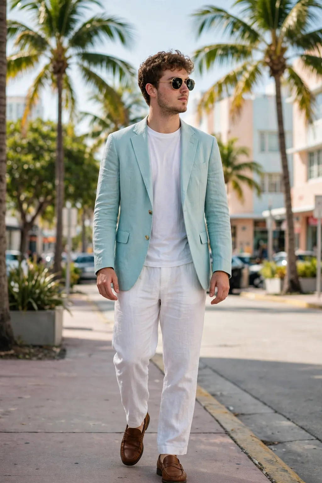 Miami Vice Casual: college guy in a pastel linen blazer with rolled sleeves, white chinos and aviator sunglasses