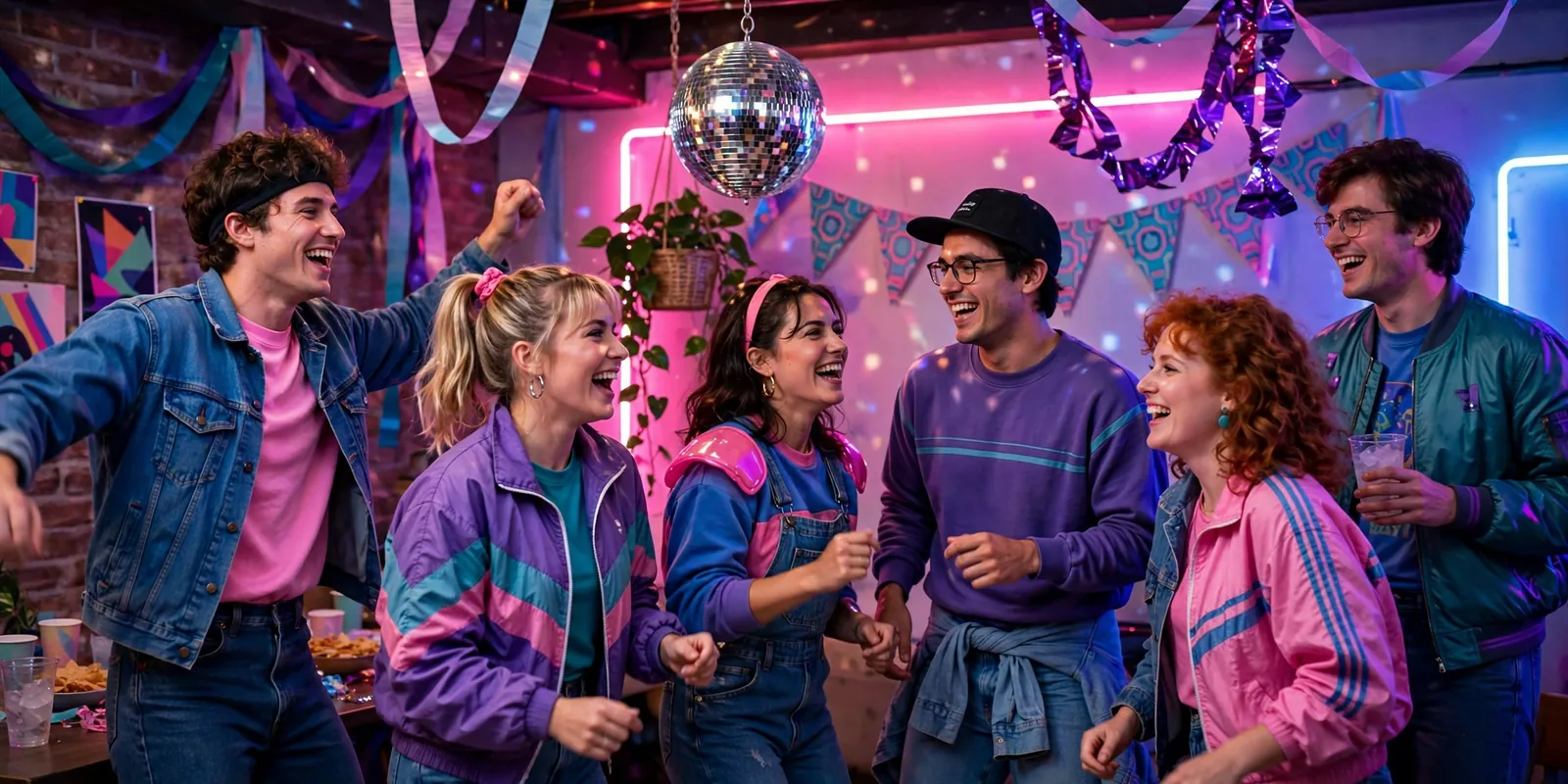 College students in neon 80s party outfits with big teased hair dancing at an 80s theme party
