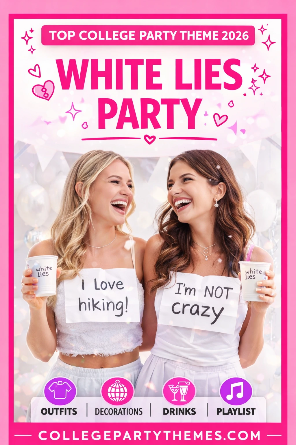 White lies party theme college students wearing funny white t-shirts with black marker text 2026