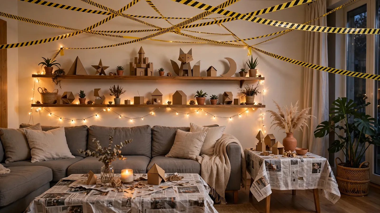 Living room decorated for an anything but clothes party