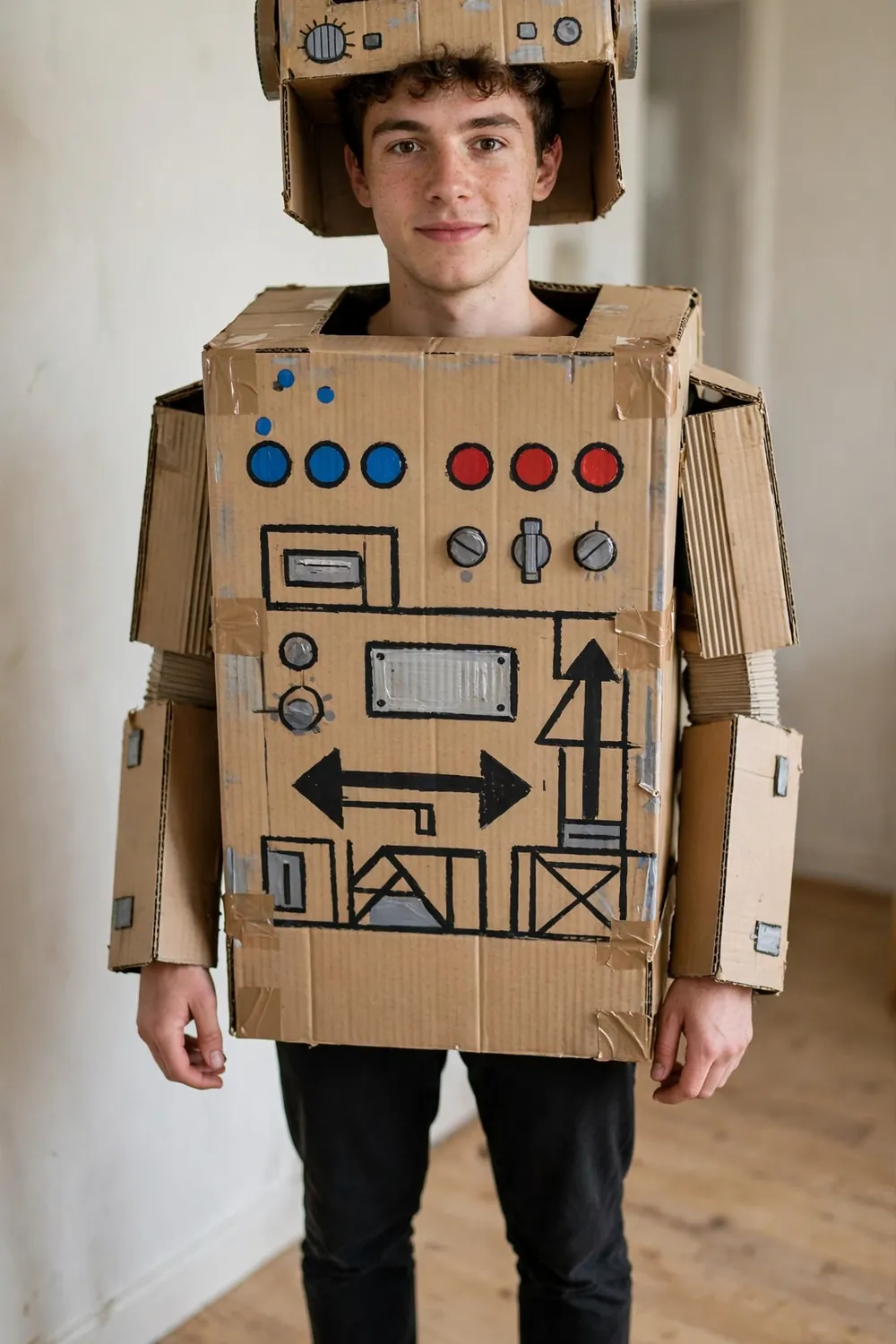 Guy in a cardboard box robot outfit for an ABC party