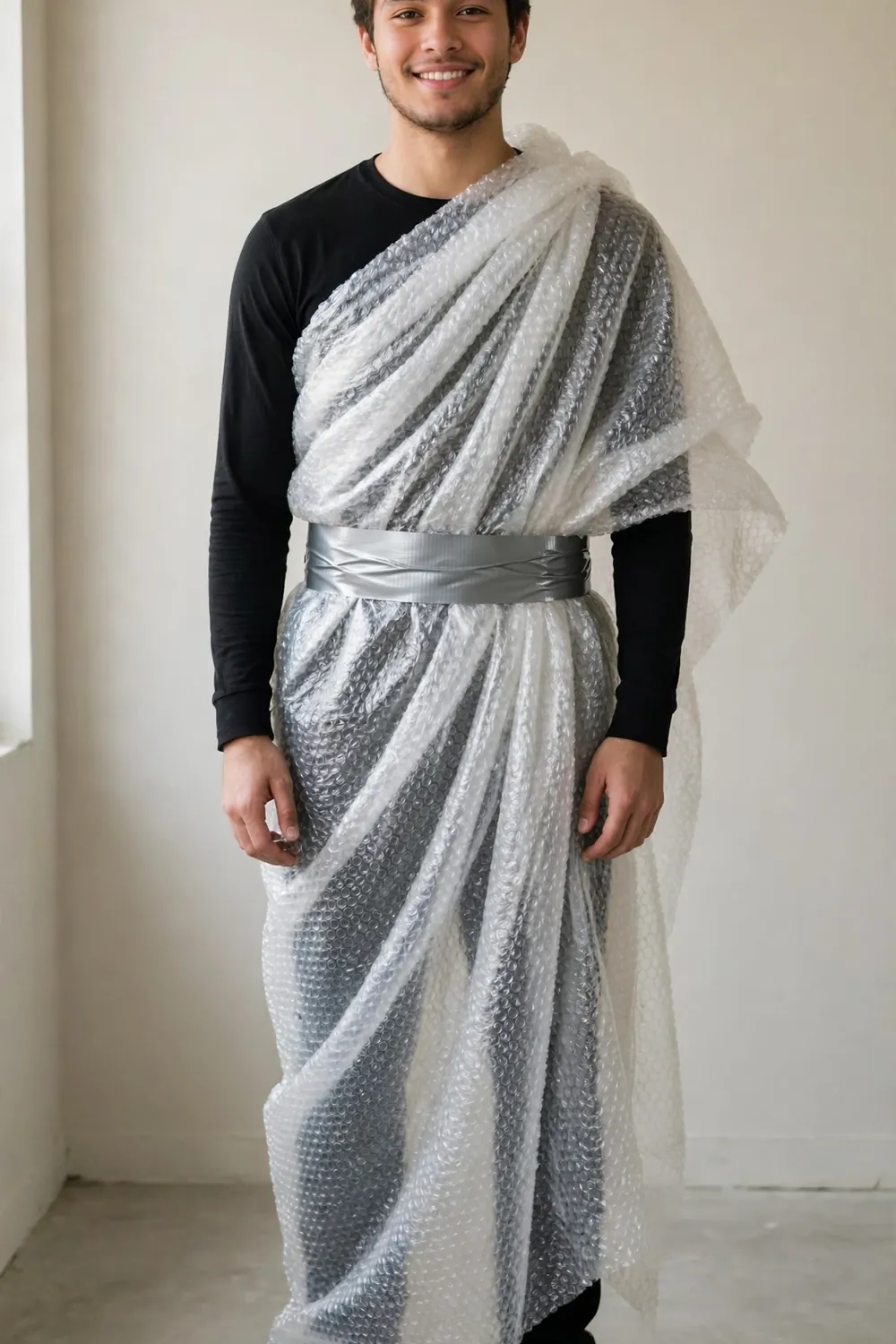 Guy in a bubble wrap outfit for an ABC party