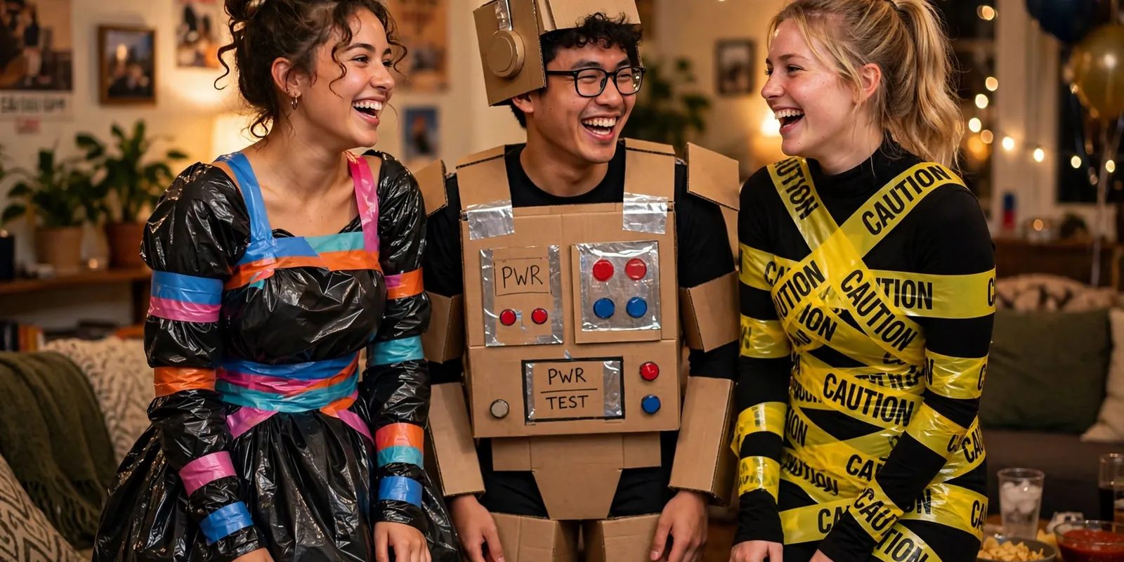 College friends in creative anything but clothes outfits at a party