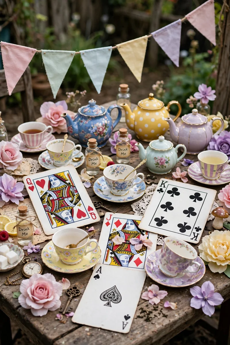 Whimsical Mad Hatter tea party table with mismatched teacups, playing cards, and flowers