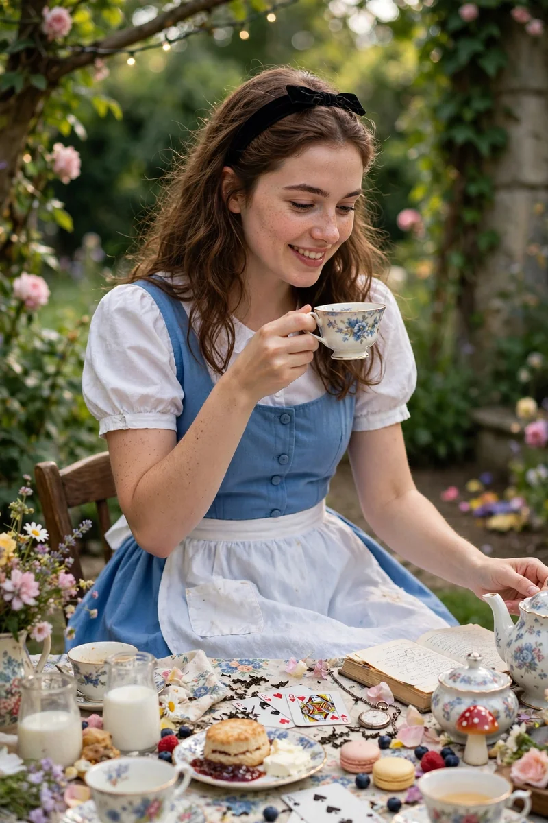 Young woman in an Alice costume with a blue dress and white apron at a tea party
