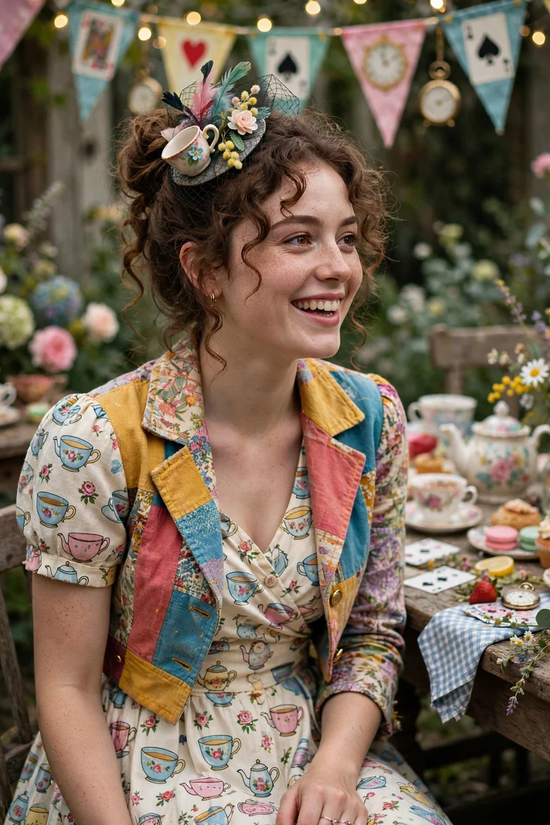 Young woman in a whimsical Mad Hatter-inspired outfit with a teacup-print dress