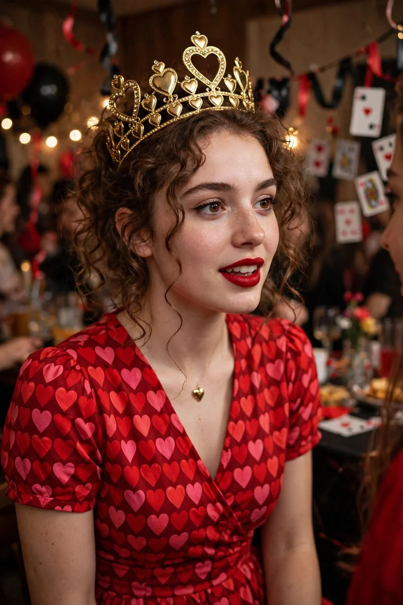 Young woman in a Queen of Hearts costume with a red heart-print dress at a party