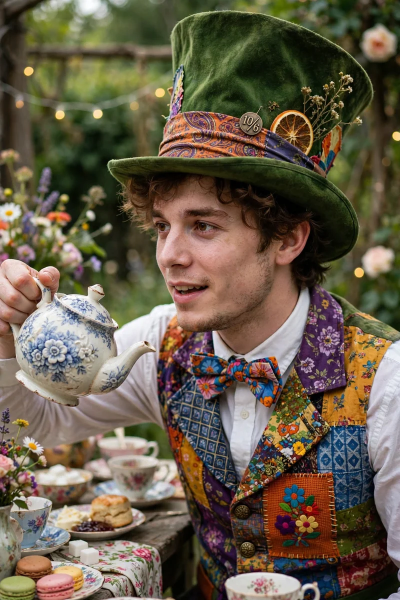 Young man in a Mad Hatter costume with a green top hat at a tea party
