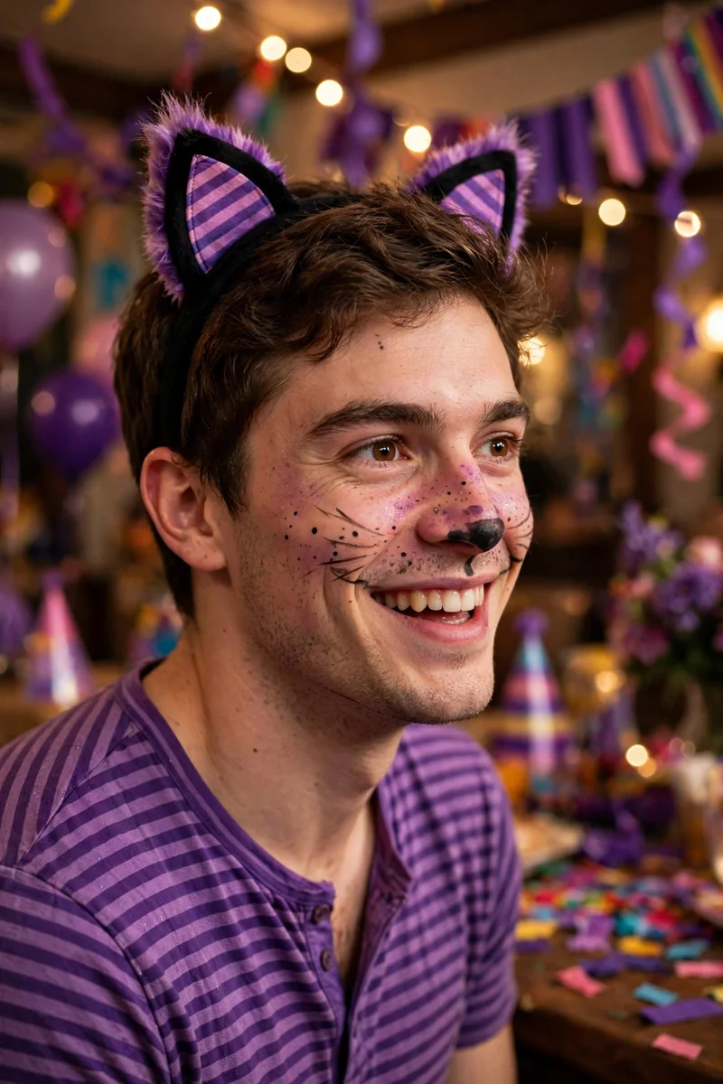 Young man in a Cheshire Cat outfit with purple stripes at a themed party
