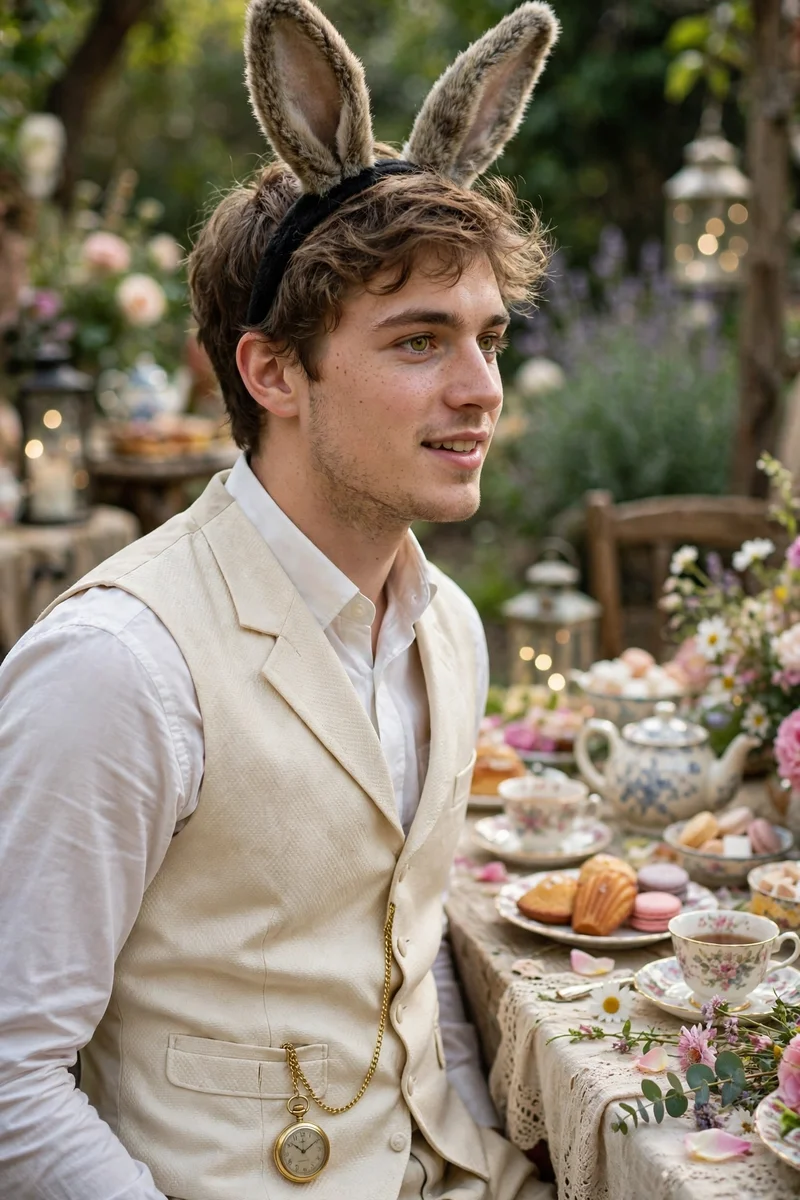 Young man in a White Rabbit costume with a waistcoat and pocket watch at a party