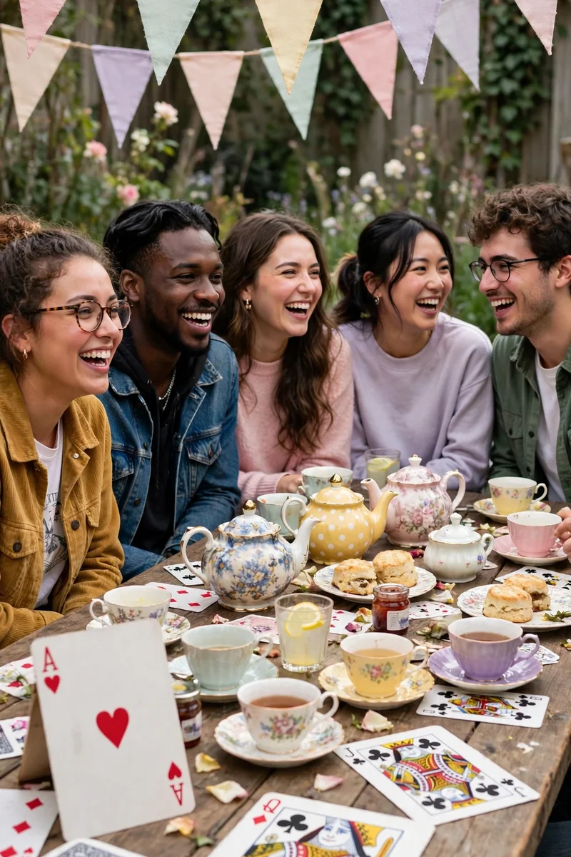 Group of college friends at a Mad Hatter tea party table with teapots, playing cards, and fairy lights