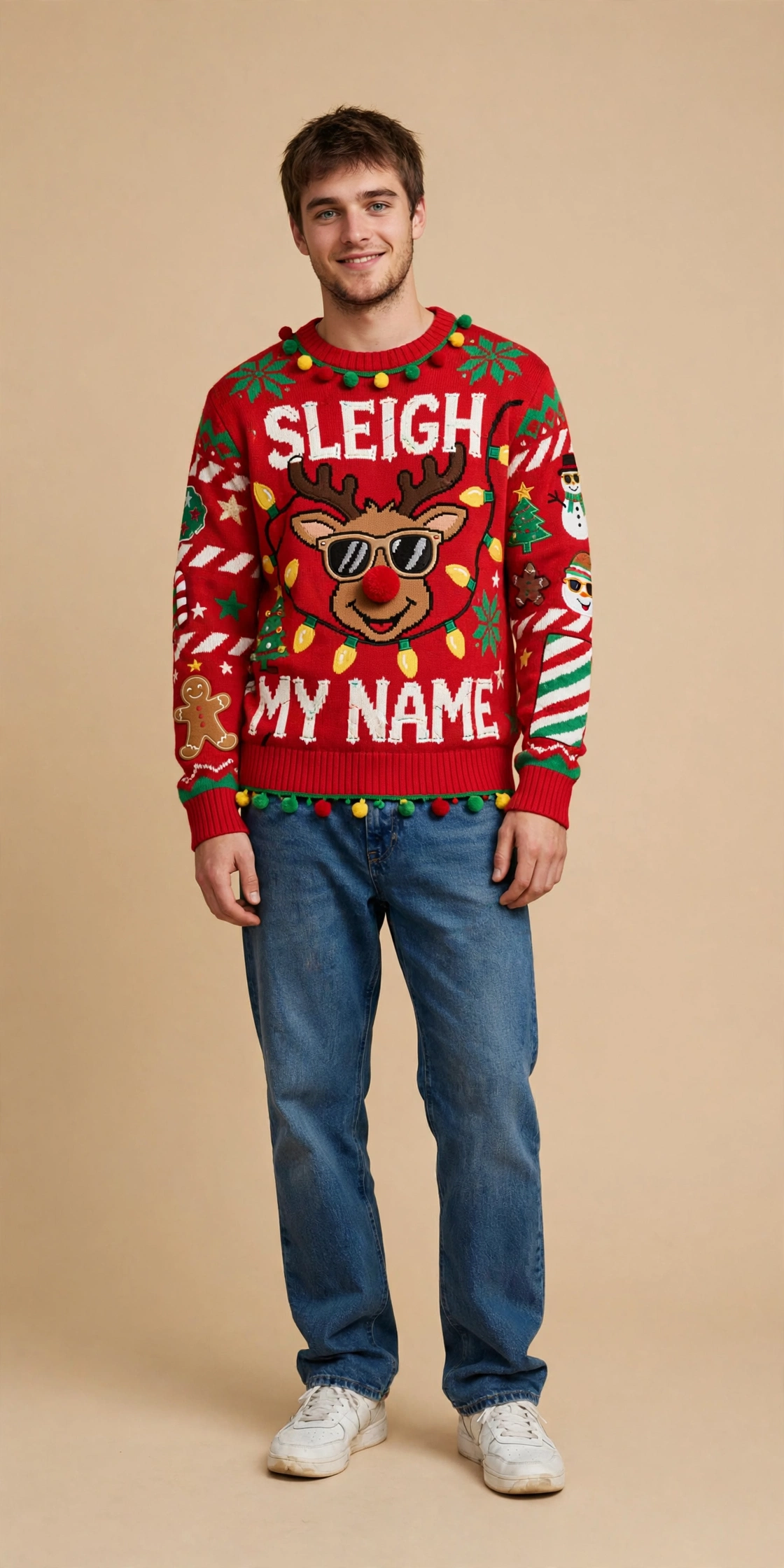 Young man in a navy sweater and chinos holding a drink at a Christmas party