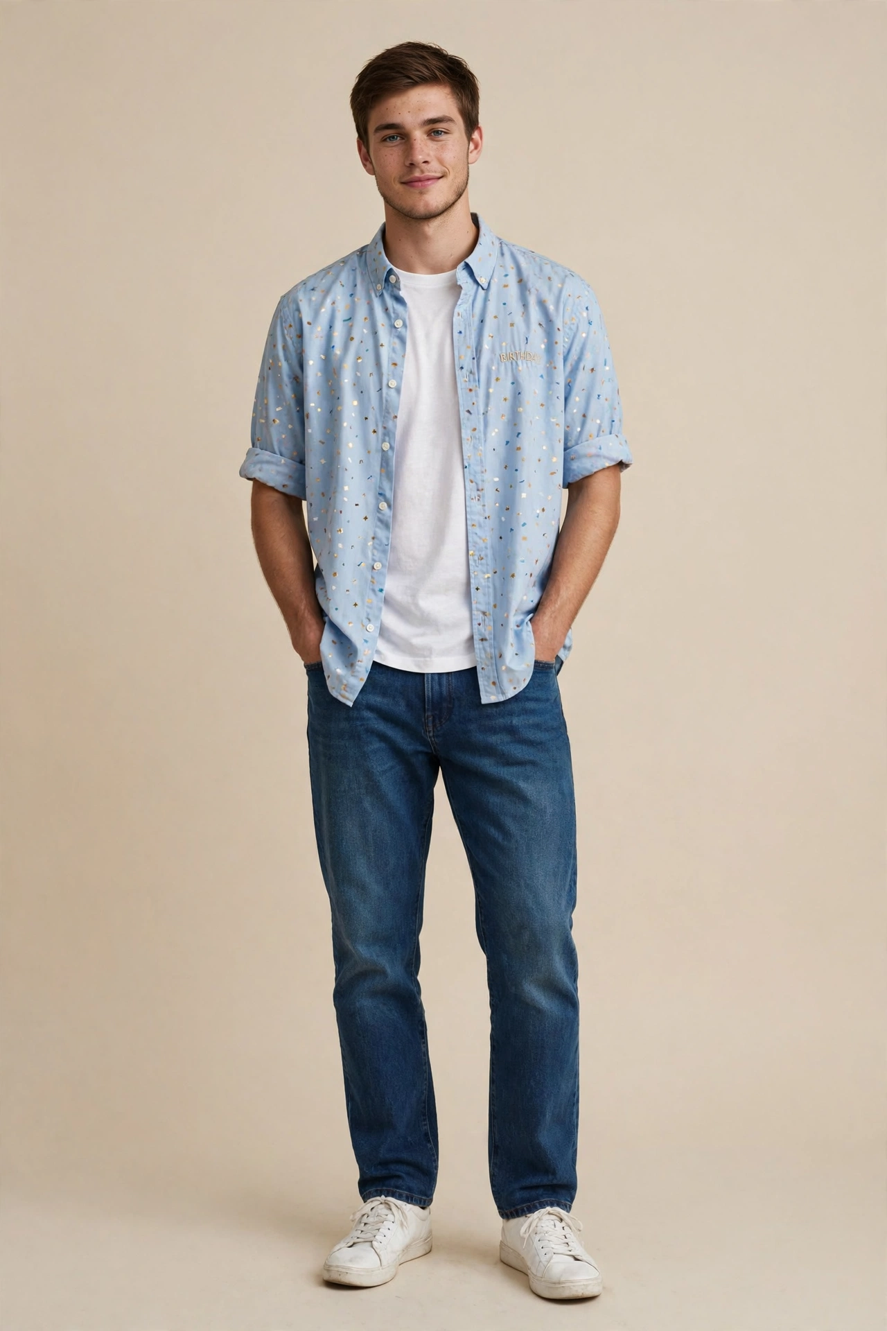 Young man in dark jeans and button-down shirt at a birthday party