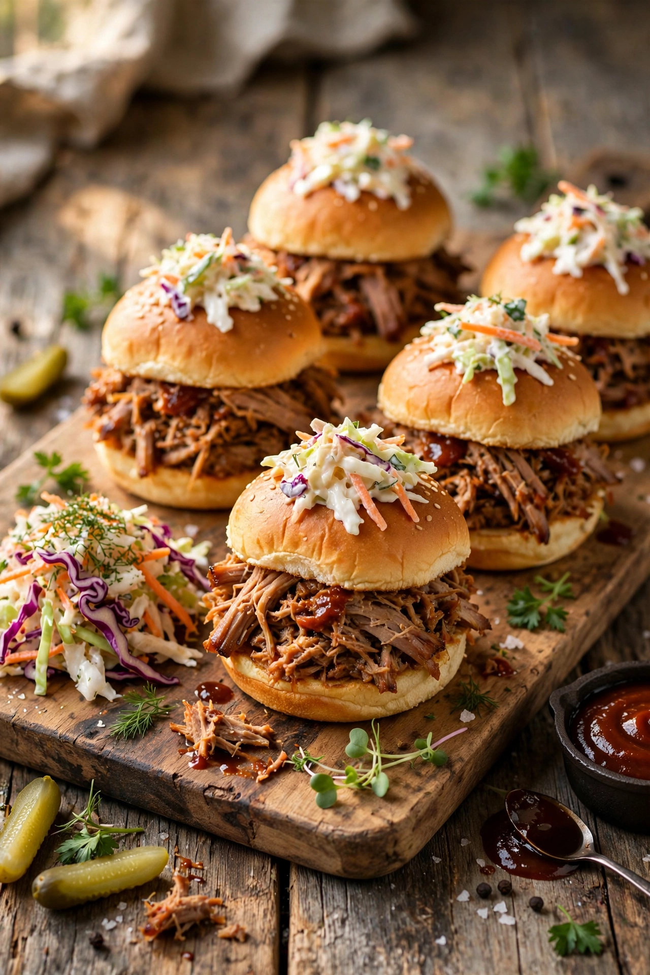 Tray of pulled pork sliders with coleslaw on a wooden board