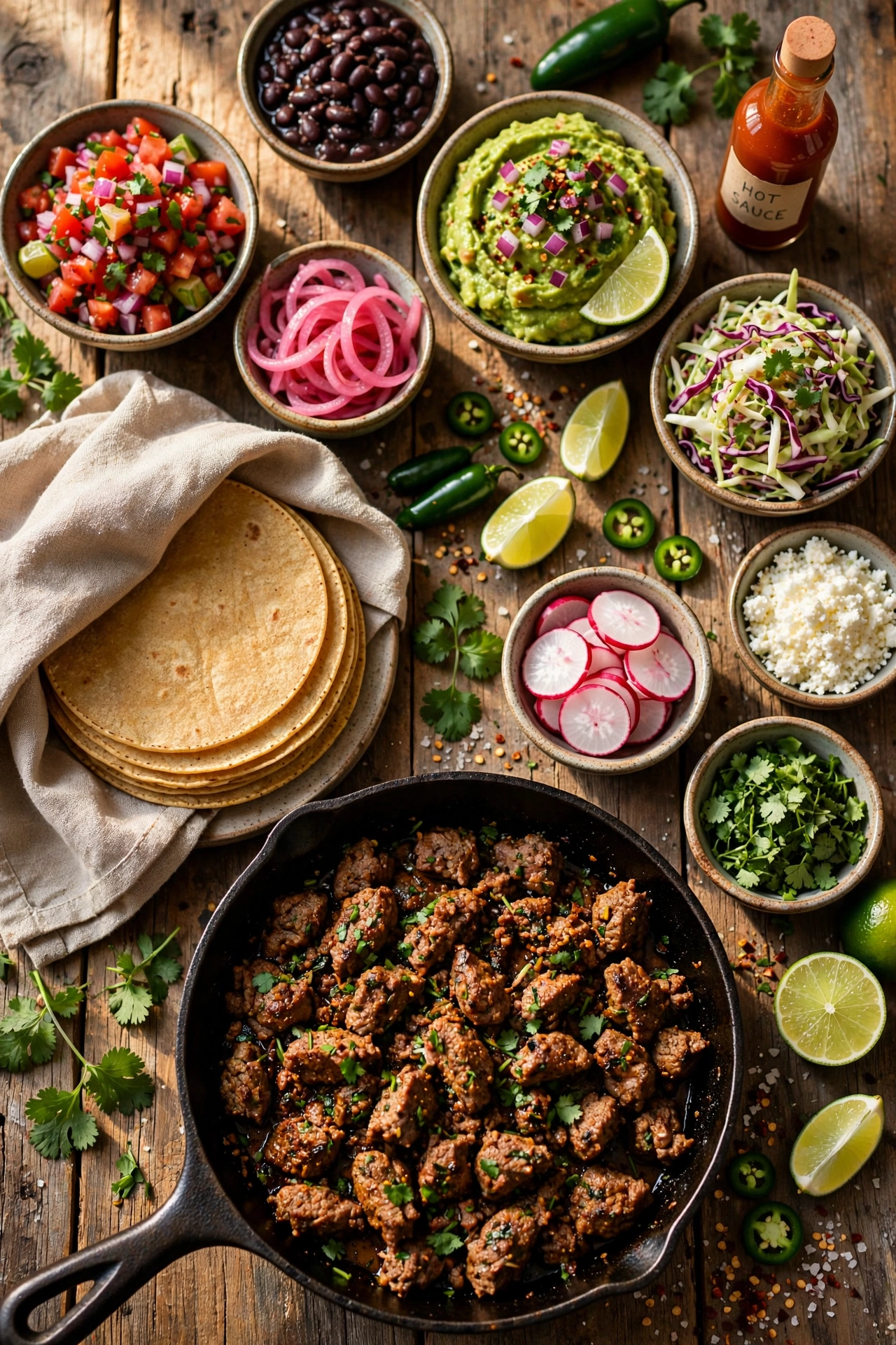Taco bar spread with seasoned meat, tortillas, and colorful toppings