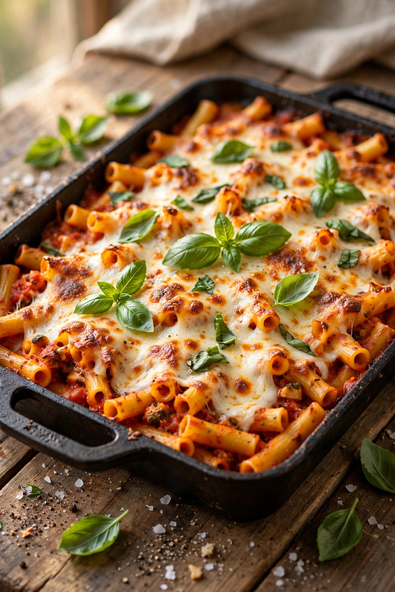 Large pan of baked ziti with melted mozzarella and fresh basil
