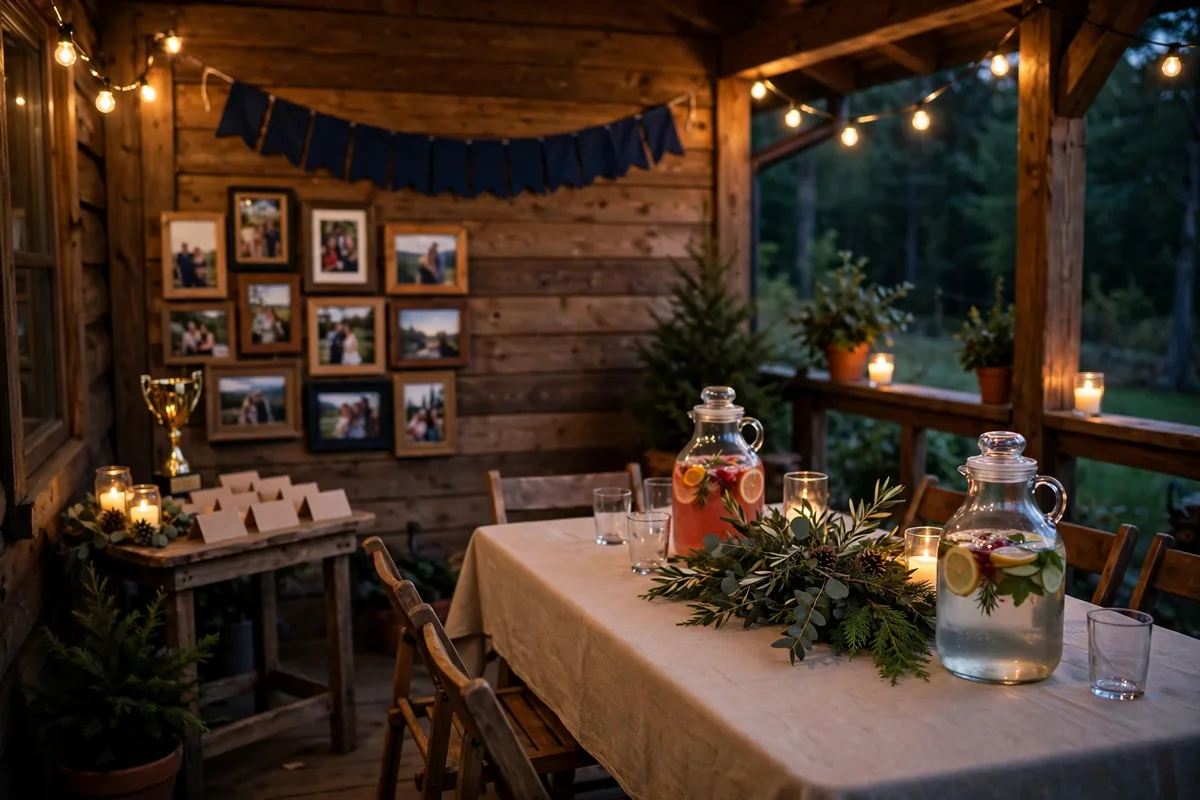 Bachelor party table setup with a banner, photo wall, string lights, and a trophy table