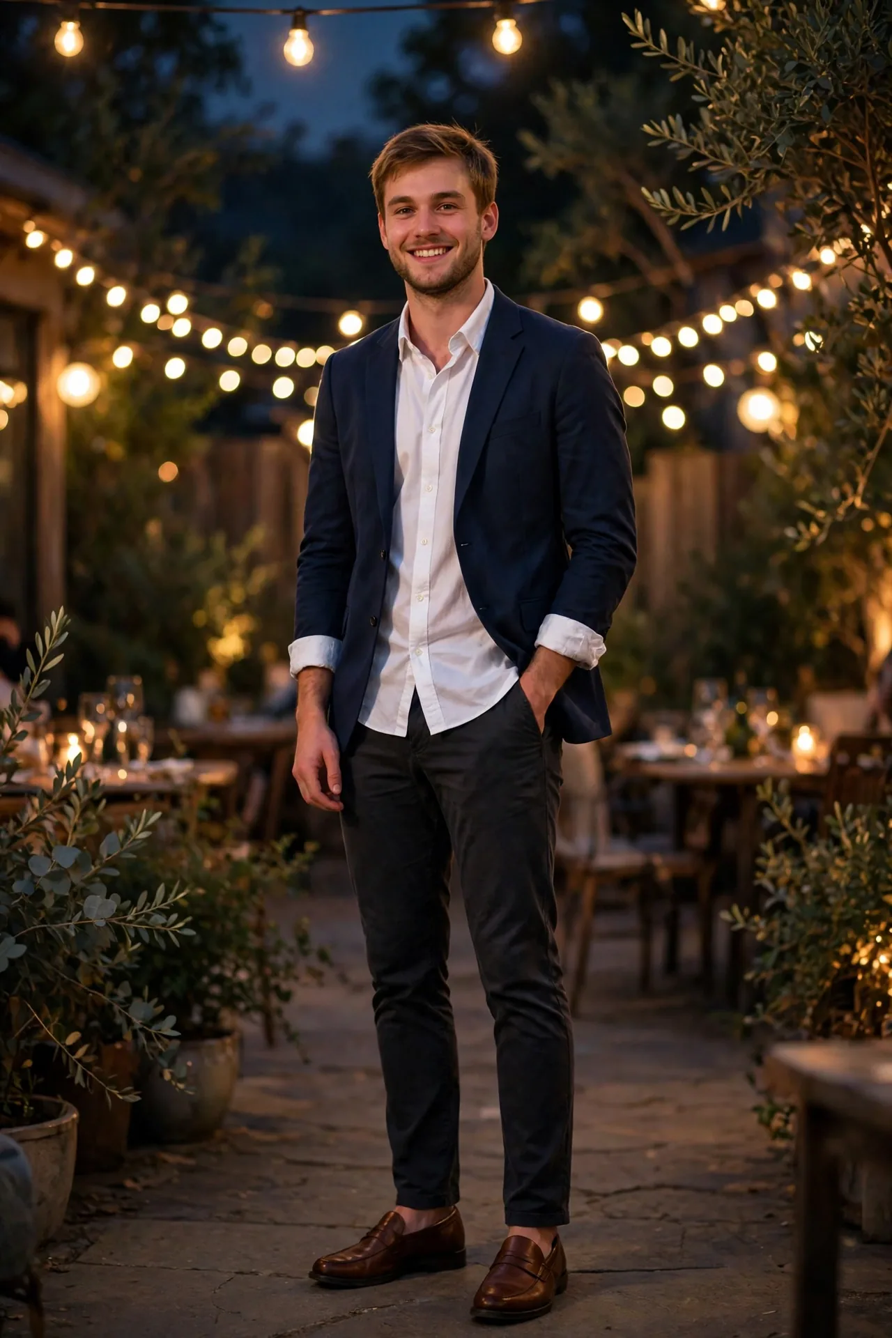 Man in a navy blazer, white Oxford shirt, dark chinos and leather loafers