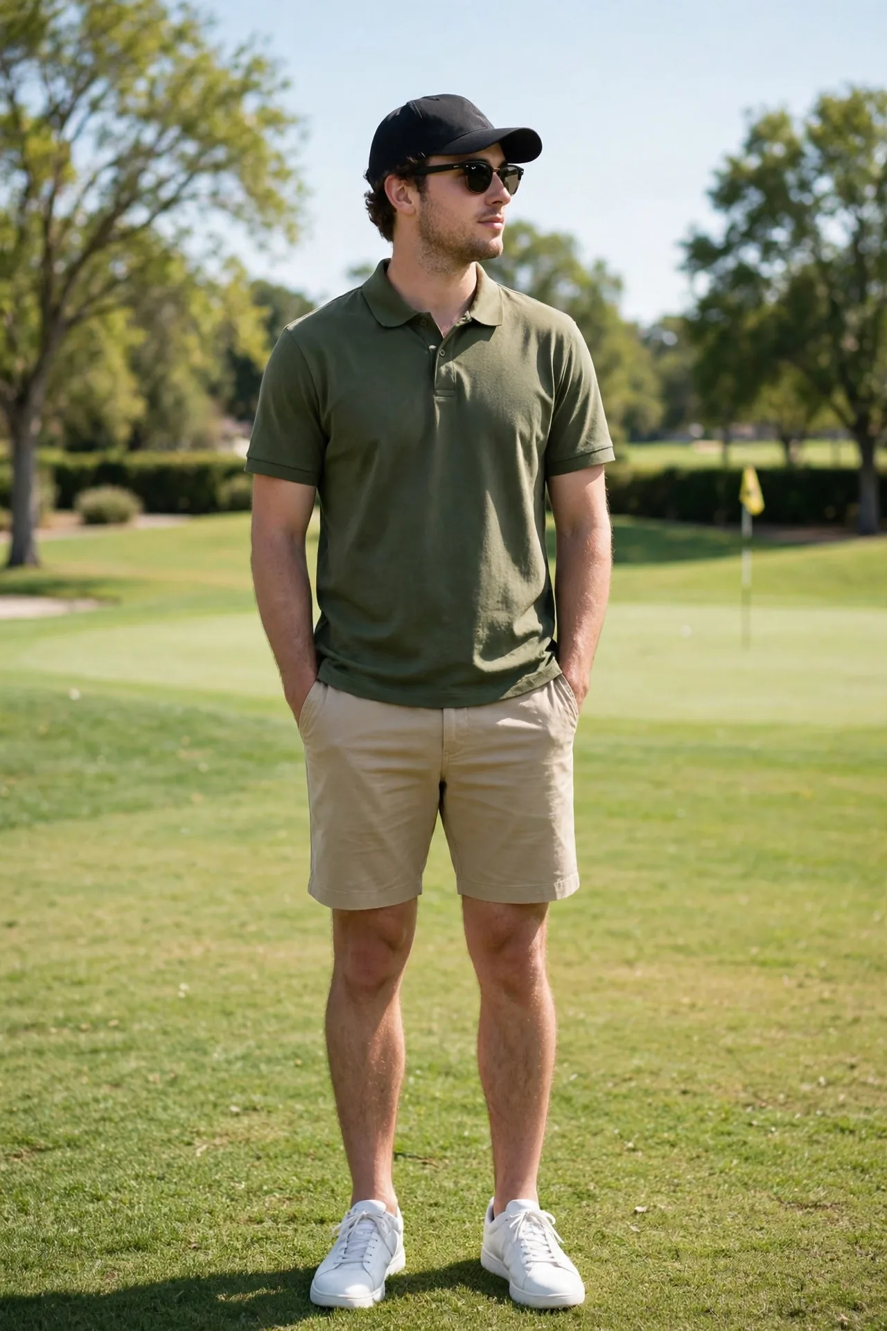 Man in a polo shirt, chino shorts, trainers and sunglasses outdoors